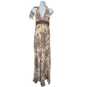 BCBG Paris Maxi Dress Women 4 Beige Brown Silk Floral Halter Evening Elegant
